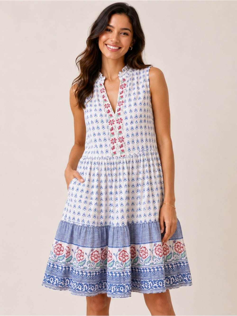Oliphant Borrego Navy Yoke Floral Block Print Sleeveless Tiered Mini Dress L